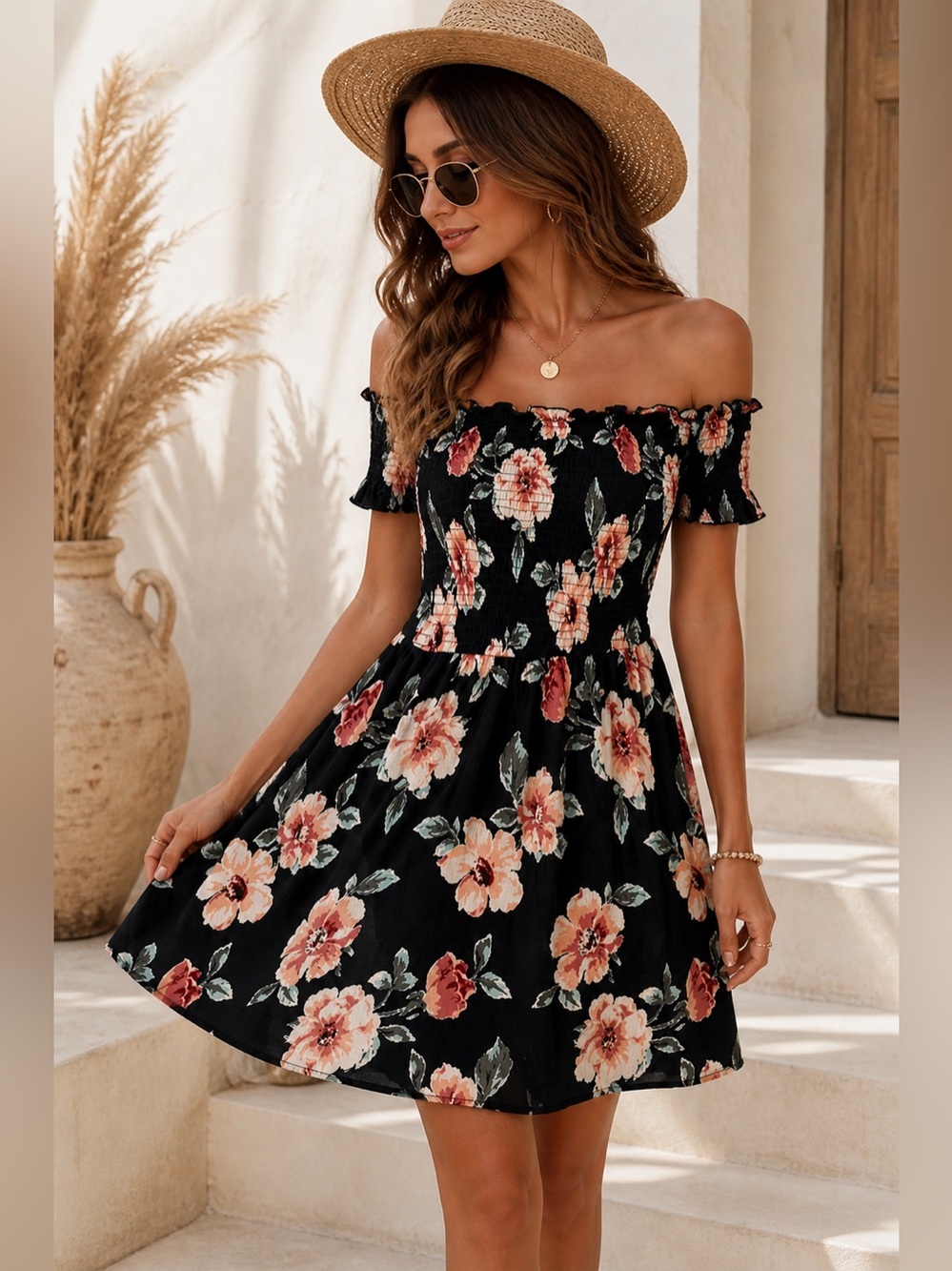 Kendall & Kylie Cottagecore Boho Floral Off Shoulder Smocked Mini Flare Dress